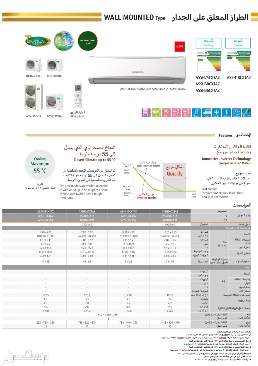 أفضل مكيف جنرال.. الصور والمواصفات والأسعار مكيف جنرال جداري 28000 وحدة انفيرتر بارد