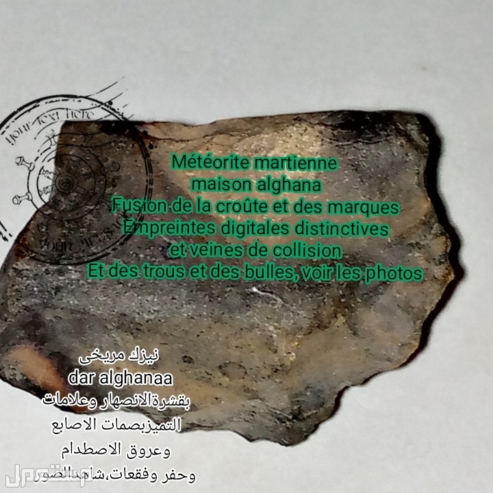 Martian meteorite dar alghanaa with fusion crust and distinction marks, fingerprints, collision veins, craters and bubbles, see photos Martian meteorite dar alghanaa with fusion crust and distinction marks, fingerpr