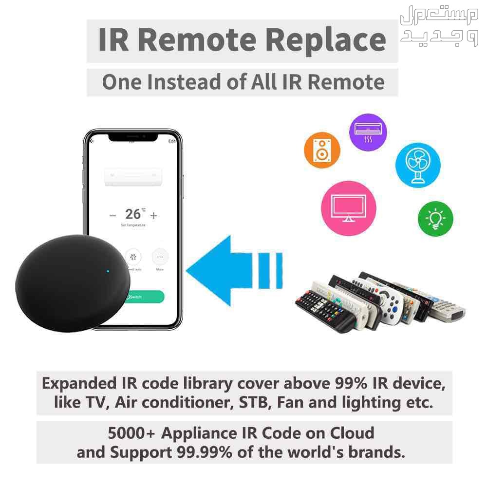 ريموت عالمي ذكي يدعم اي جهاز يستخدم ريموت IR يمكن التحكم فيه من برنامج Smart Life او باستخدام الصوت من جهاز امازون اليكسا ومساعد قوقل