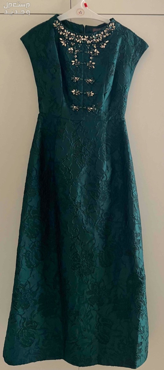فستان لون اخضر غامق على زيتي ، الفستان من قدام قصه دائره ، وعليه كرستال بسيط