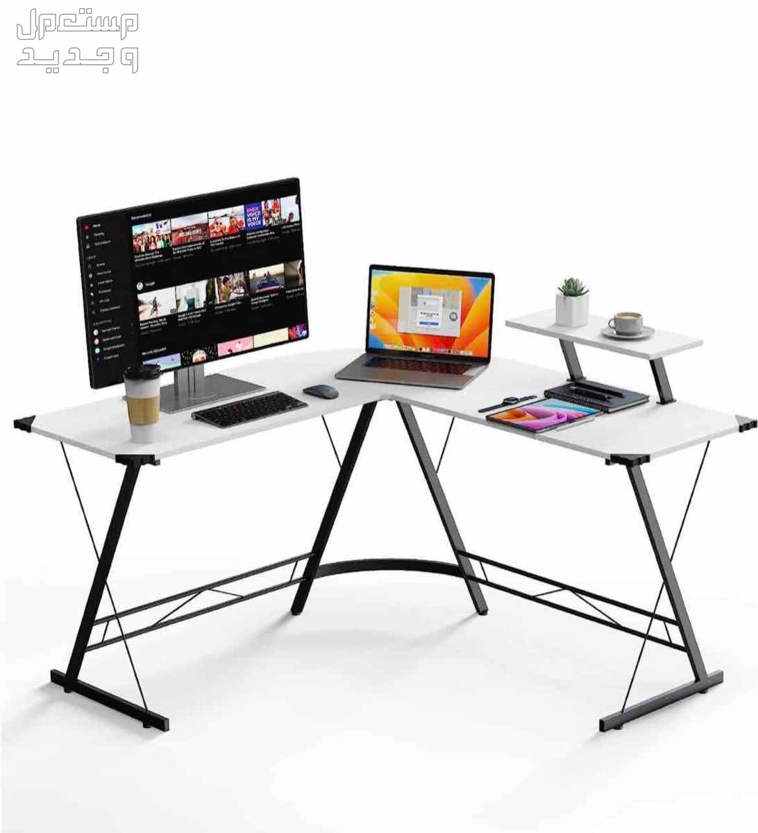 طاولة مكتب بسعة وجودة عالية لون الخشب أبيض مع قاعدة سوداء