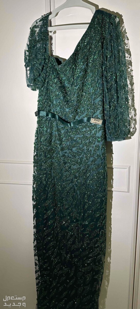 فستان اخضر مطرز بفصوص زاركون تصميم خاص