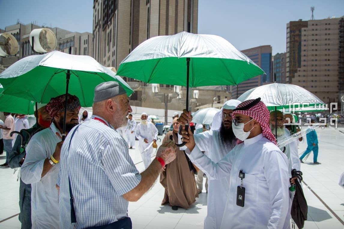كيفية الوقاية من ضربات الشمس في الحج 1445 توزيع المظلات على الحجاج