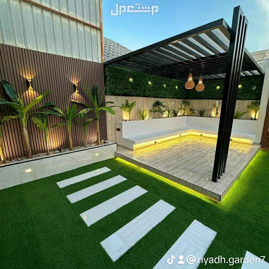تصميم حدائق منزلية تصميم حديقة صغيرة مظلات شلال حوض زرع