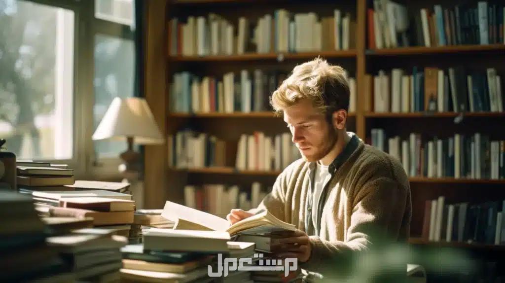 أفضل كتب تطوير الذات.. طريقك نحو تحقيق النجاح شاب يجلس في مكتبته ويقرا كتاب