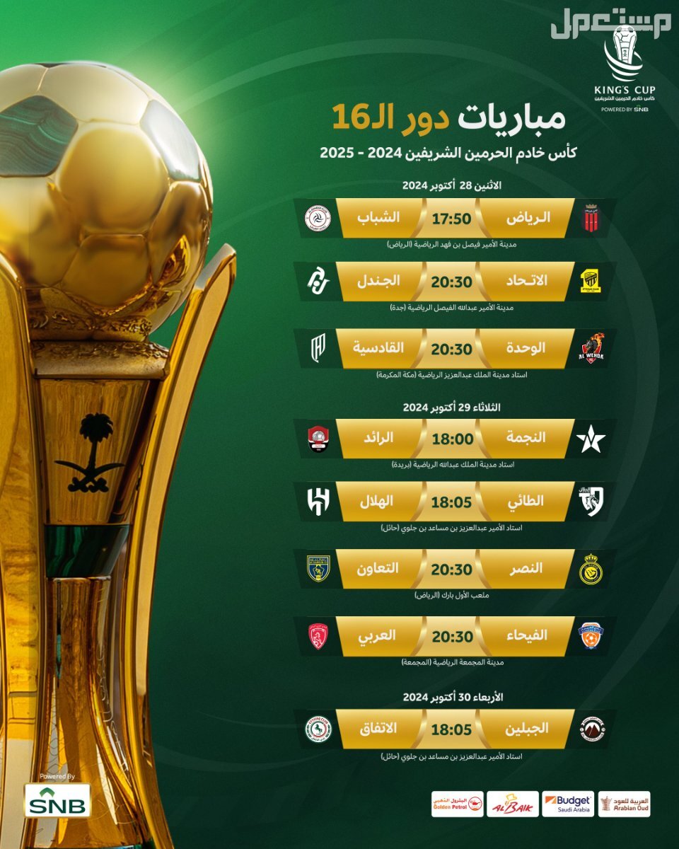 جدول مباريات كأس الملك السعودي والقنوات الناقلة الفرق المشاركة في كأس الملك السعودي دور 16