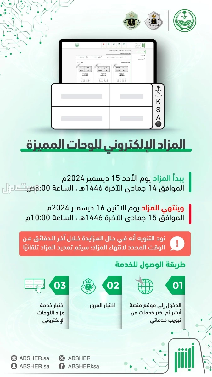 مواعيد مزاد اللوحات الإلكترونية عبر أبشر وكيفية البيع والشراء مواعيد مزاد اللوحات الإلكترونية عبر أبشر