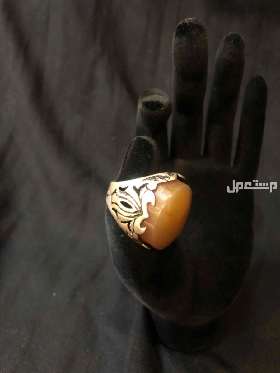 خواتم فضة عقيق يماني أصفر مشمشي أصلية وثقيلة وتصميم ونقش يد