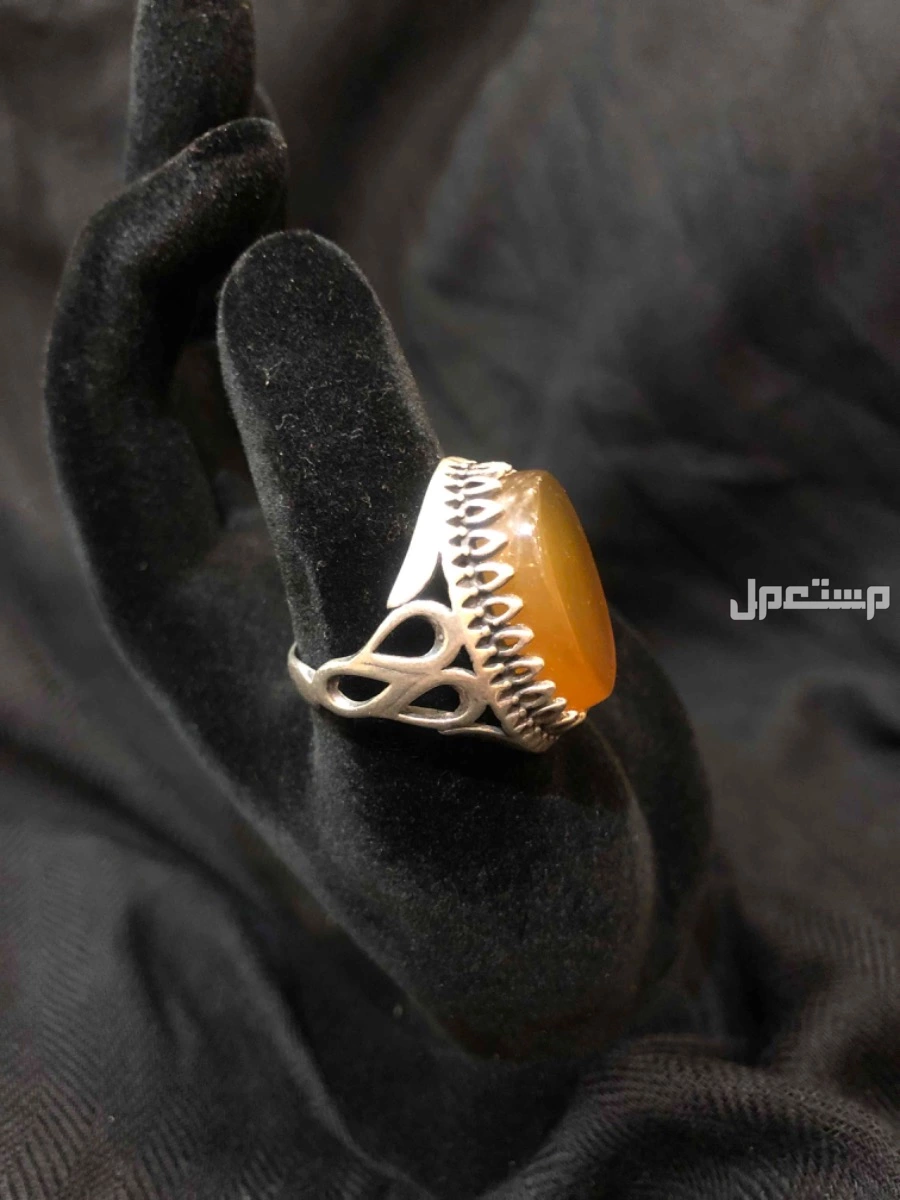 خواتم فضة عقيق يماني أصفر مشمشي أصلية وثقيلة وتصميم ونقش يد