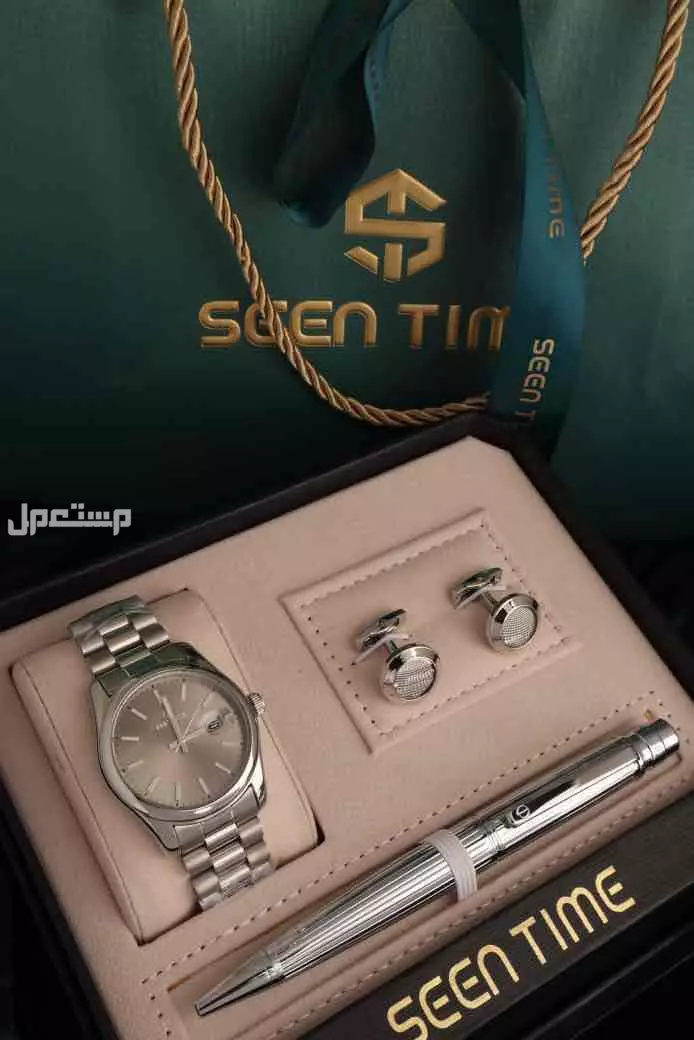 طقم ساعة وقلم وكبك سين تايم رجالي ستيل