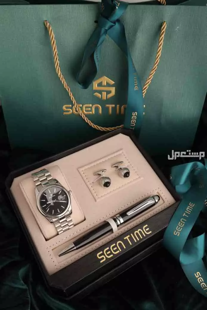 طقم ساعة وقلم وكبك سين تايم رجالي ستيل