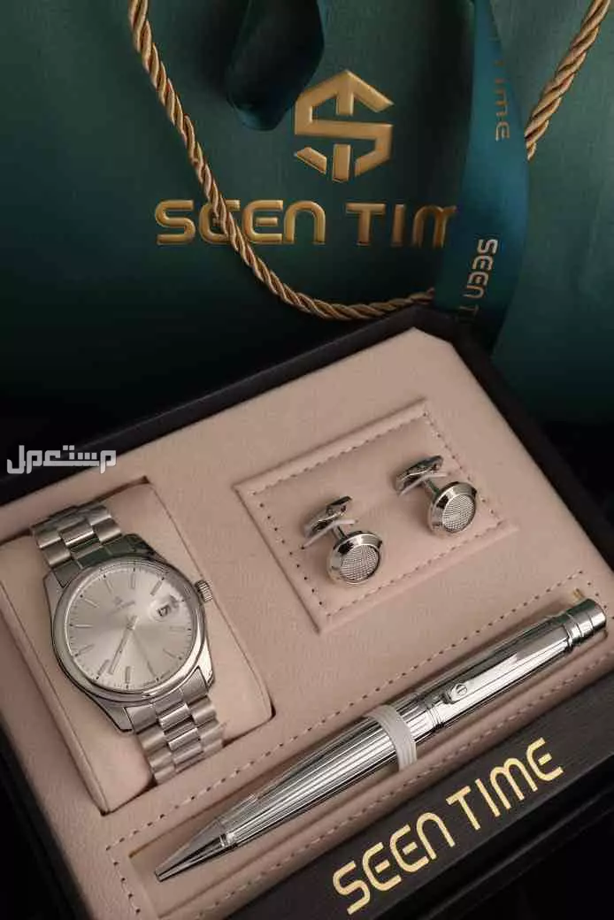 طقم ساعة وقلم وكبك سين تايم رجالي ستيل