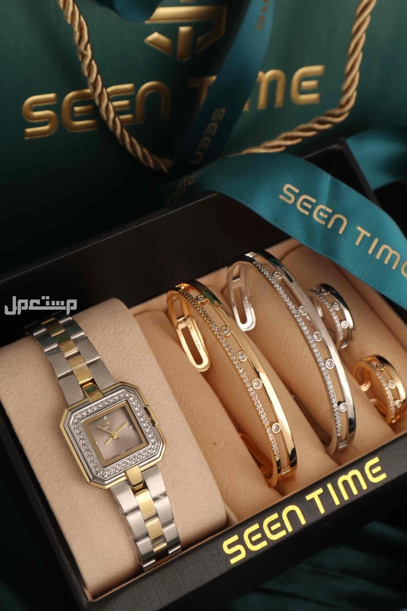 ساعات ستيل نسائي مع اساور وخواتم زركون