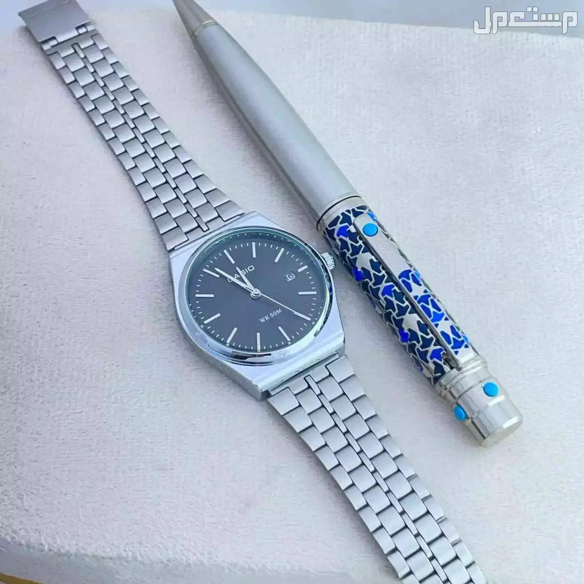 ساعة ماركة كاسيو رجالي طبق الاصل مع قلم كارتير هدية