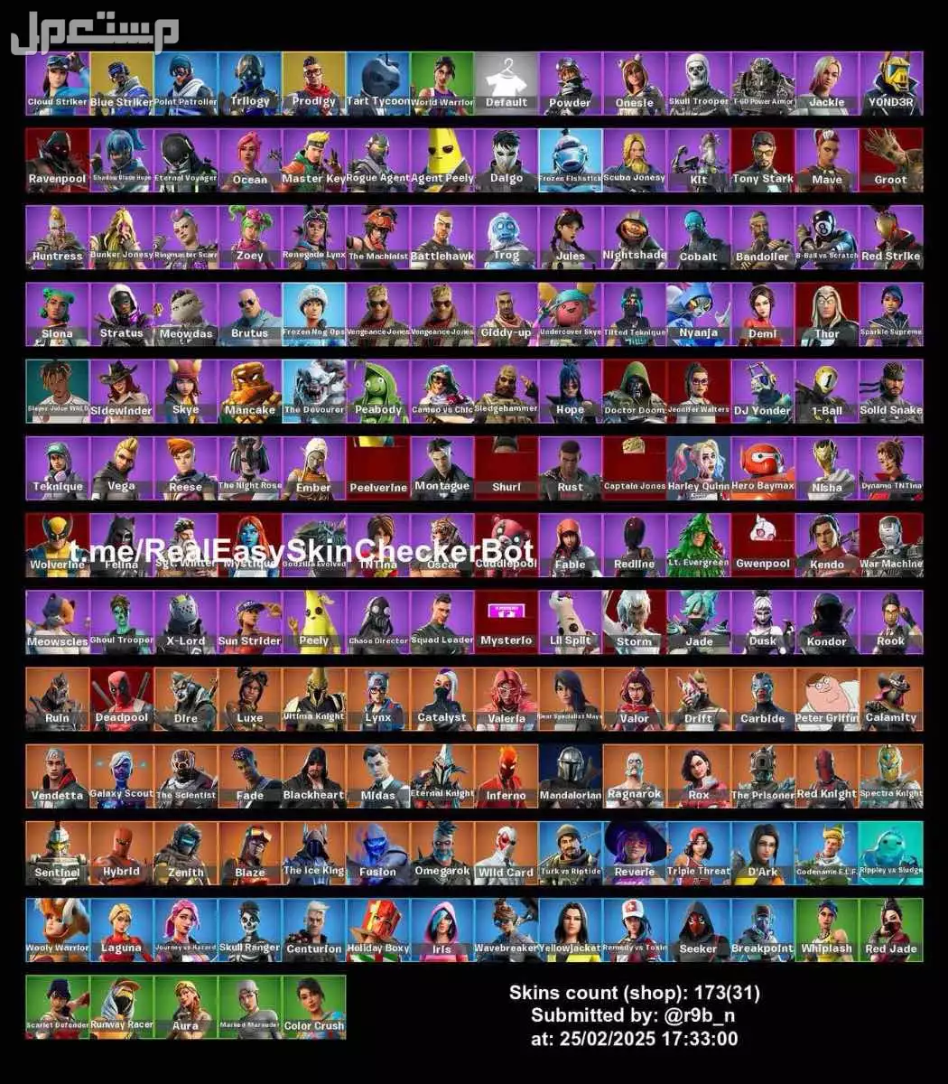 حساب فورت نايت اساسي 164 سكن بسعر 250