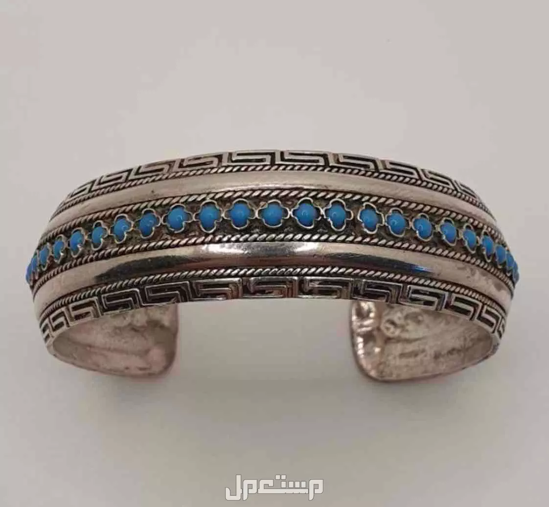 سوار أنتيك فضة بخرز فيروزي وبتصميم أفريز يوناني صناعة يدوية