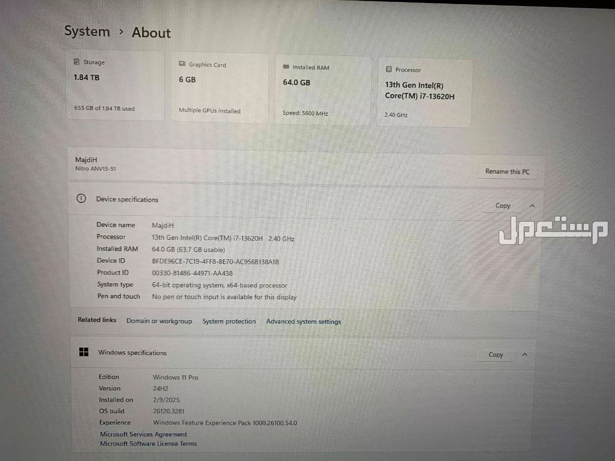 لابتوب اسير V15 جديد لم يستخدم رام 64 جيجا هارديسك 2 تيرا SSD