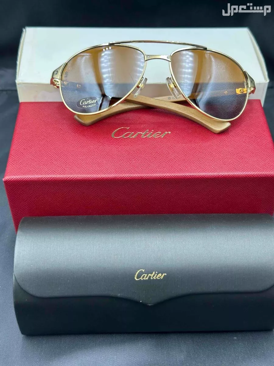 للبيع نظارة شمسية فاخرة من Cartier - إصدار Santos Dumont الخشبي الذهبي