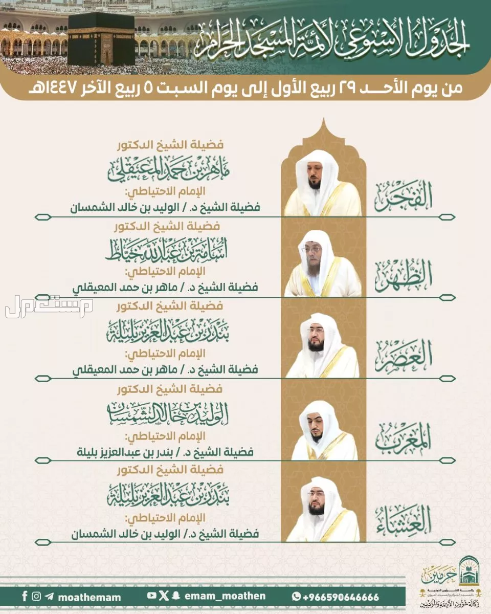 تعرف على جدول أئمة الحرم المكي ربيع الاخر 1447 جدول أئمة الحرم المكي ربيع الاخر 1447