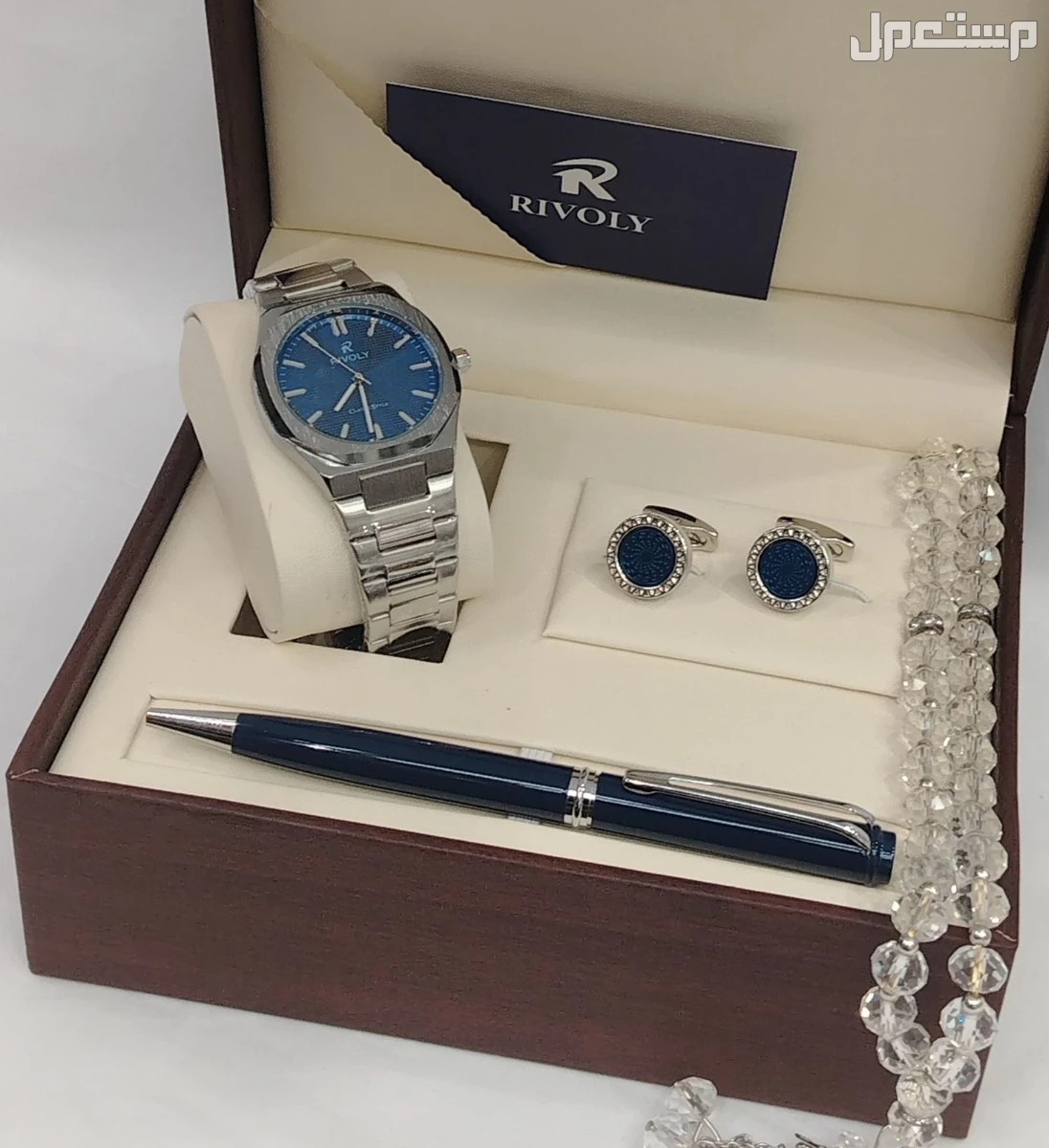 طقم ساعة ستيل رجالي مع قلم وكبك وسبحة