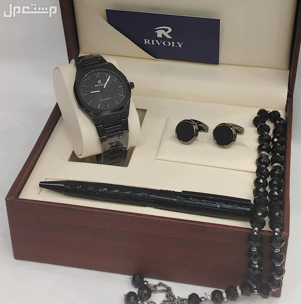 طقم ساعة ستيل رجالي مع قلم وكبك وسبحة