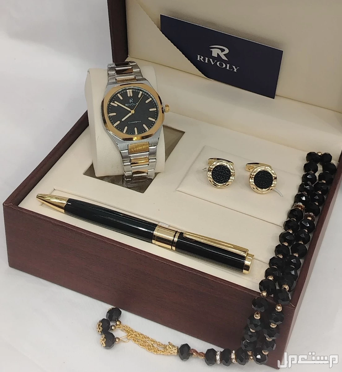 طقم ساعة ستيل رجالي مع قلم وكبك وسبحة