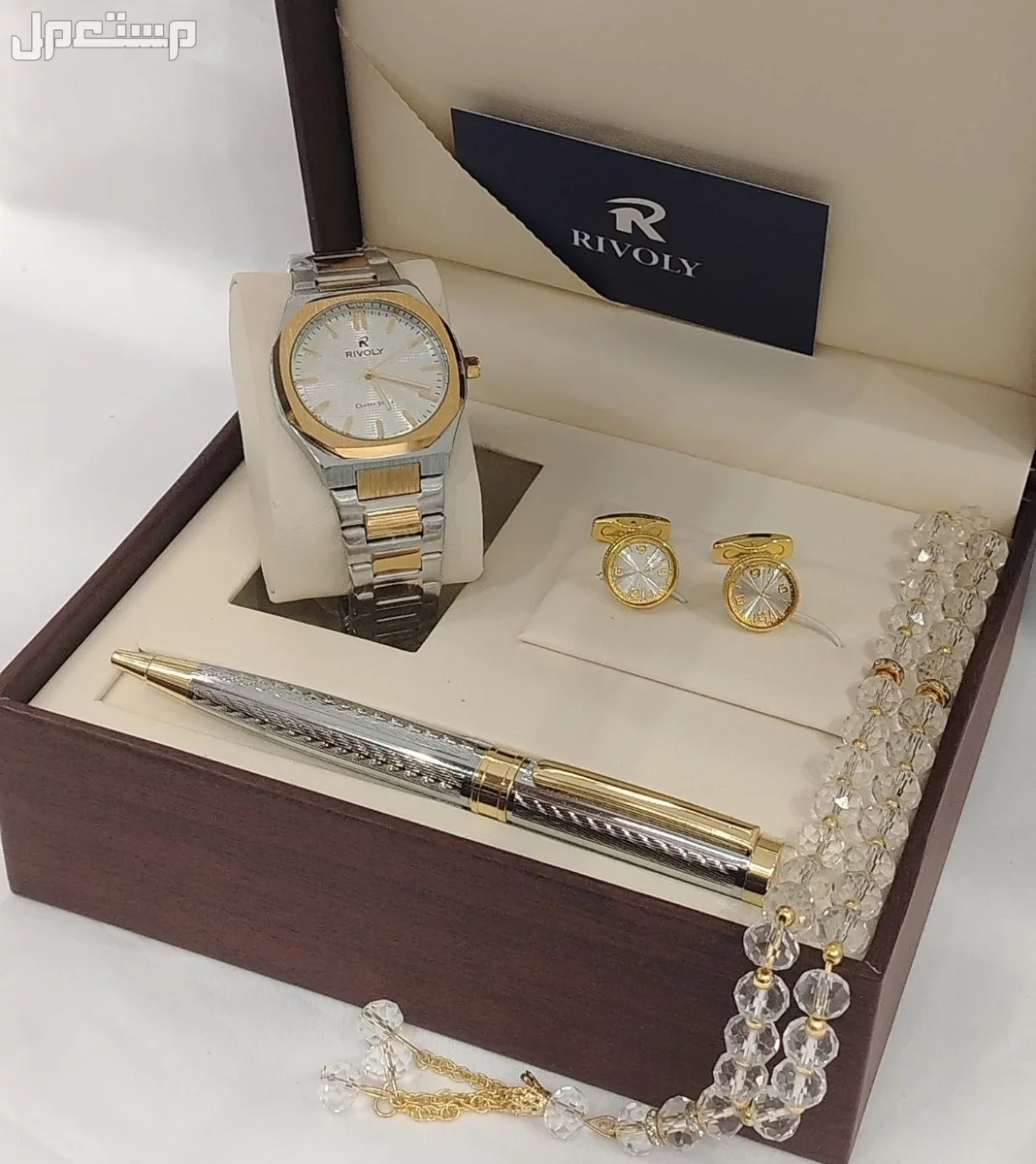 طقم ساعة ستيل رجالي مع قلم وكبك وسبحة