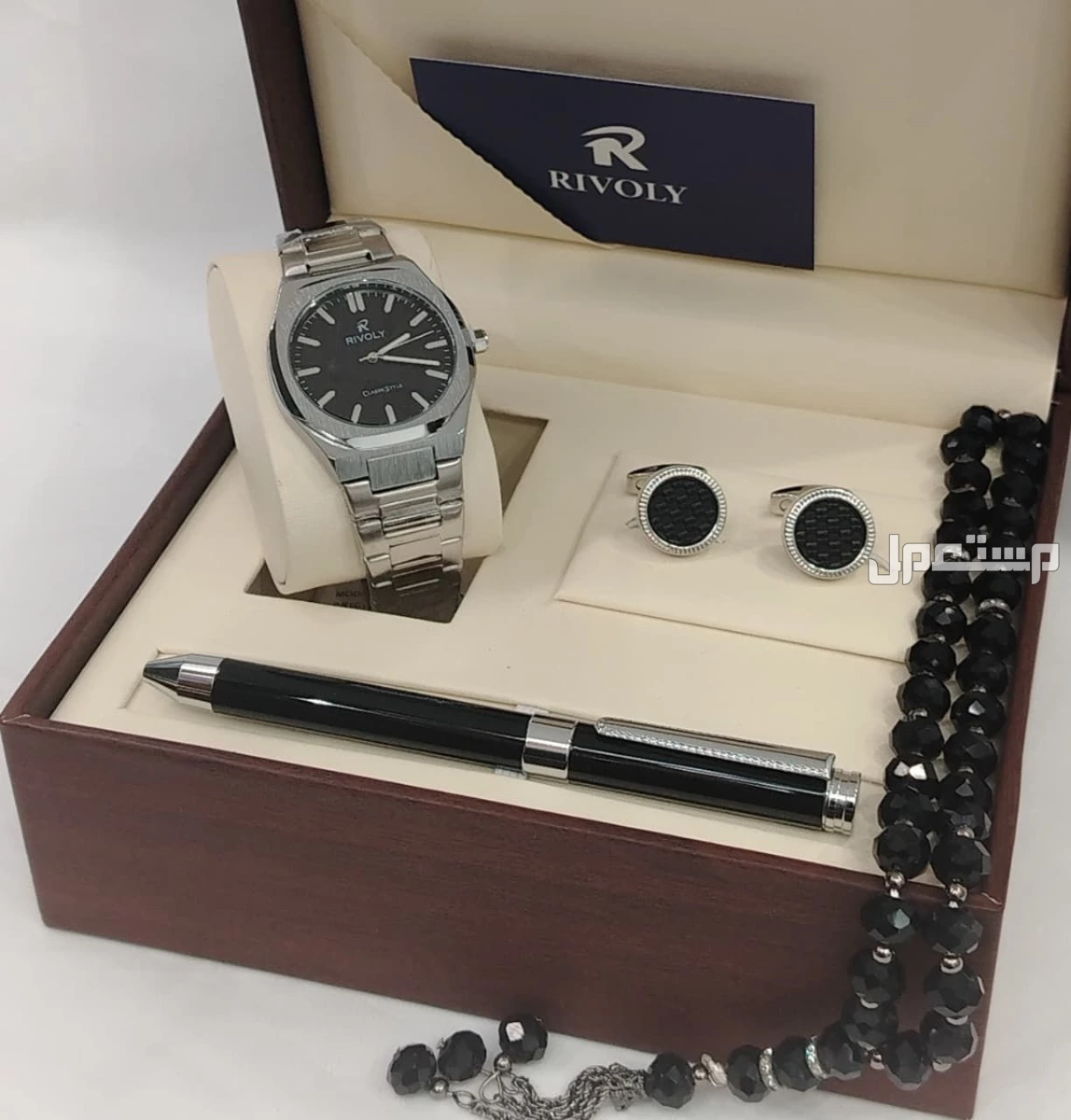 طقم ساعة ستيل رجالي مع قلم وكبك وسبحة