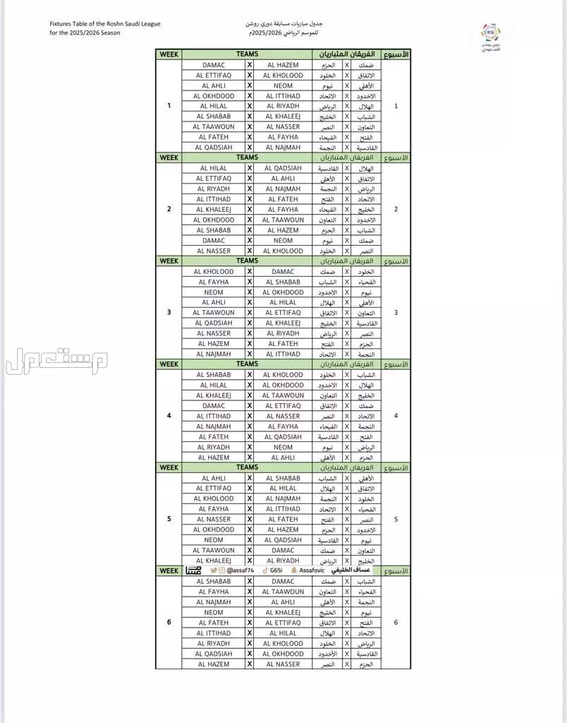 جدول مواعيد مباريات الاتحاد لشهر نوفمبر 2025 والقنوات الناقلة جدول مباريات دوري روشن 2025 - 2026