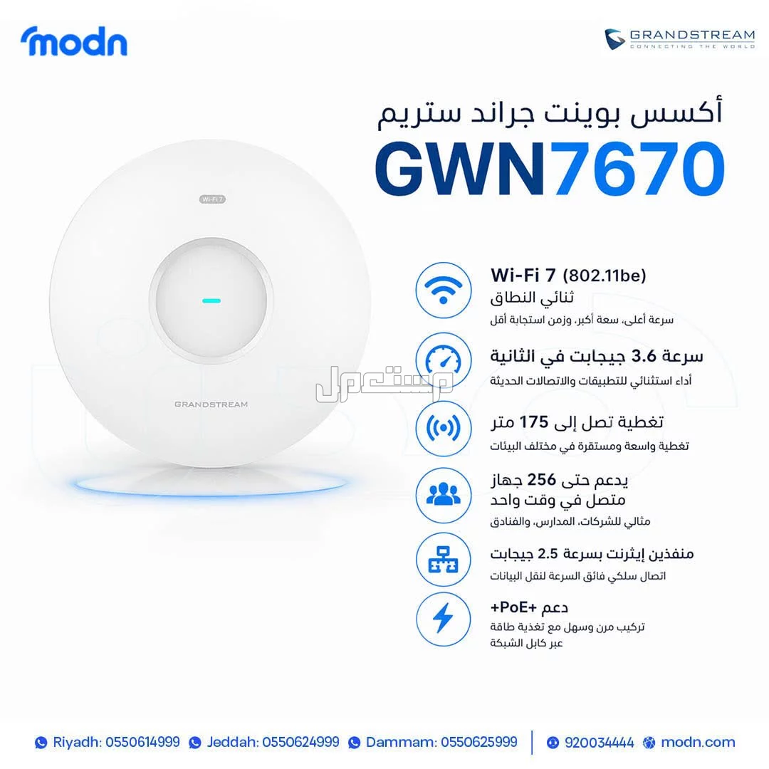 "أكسس بوينت جراند ستريم GWN7670 (واي فاي 7): الآن في مدن متوفر الآن للمحترفين وأصحاب المشاريع الكبرى في الدمام بسعر 1 ريال سعودي